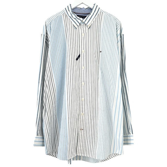 NWT Tommy Hilfiger Classic Fit THFLEX White Gray Blue Striped Button Down Shirt - Picture 1 of 11